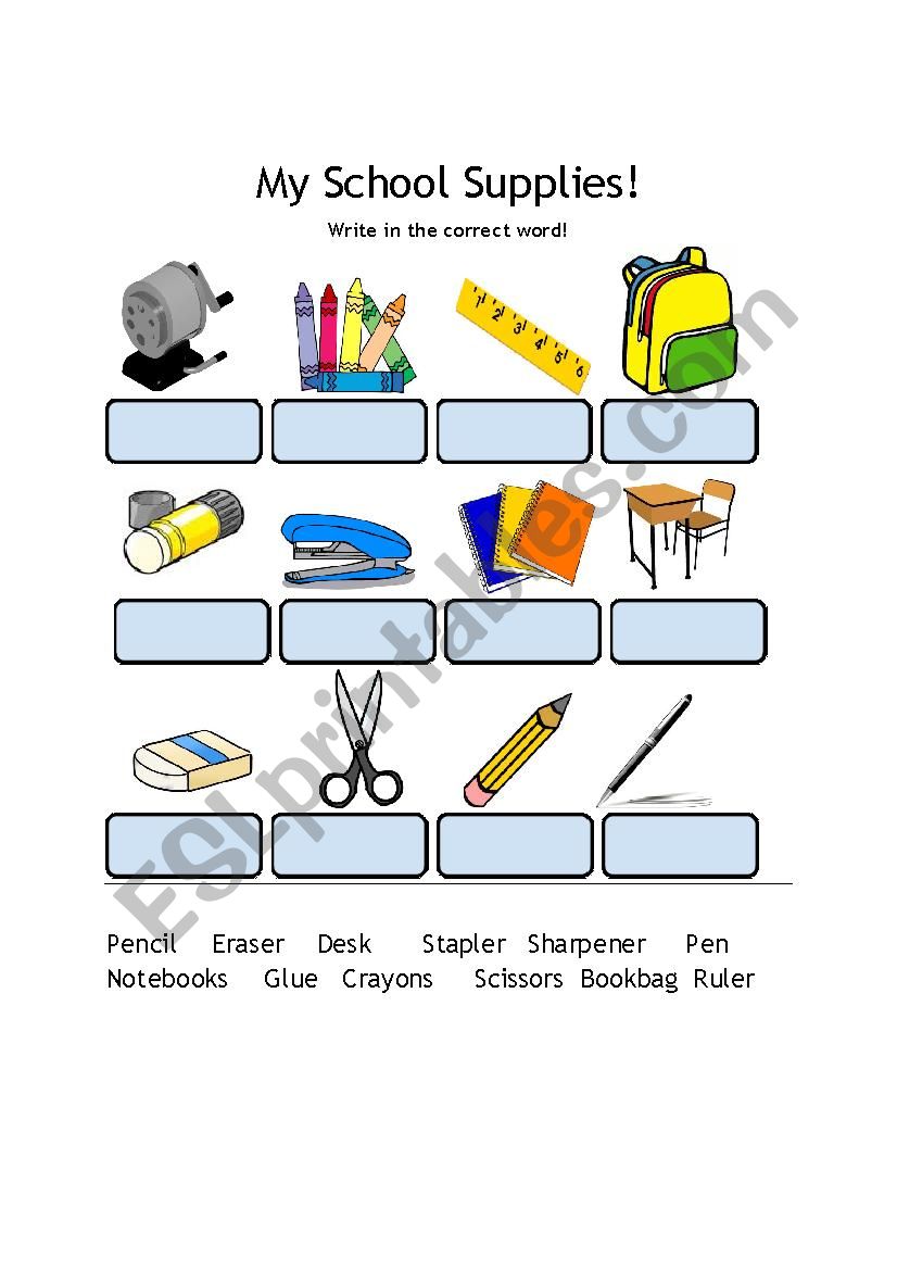 School Supplies Word Match worksheet