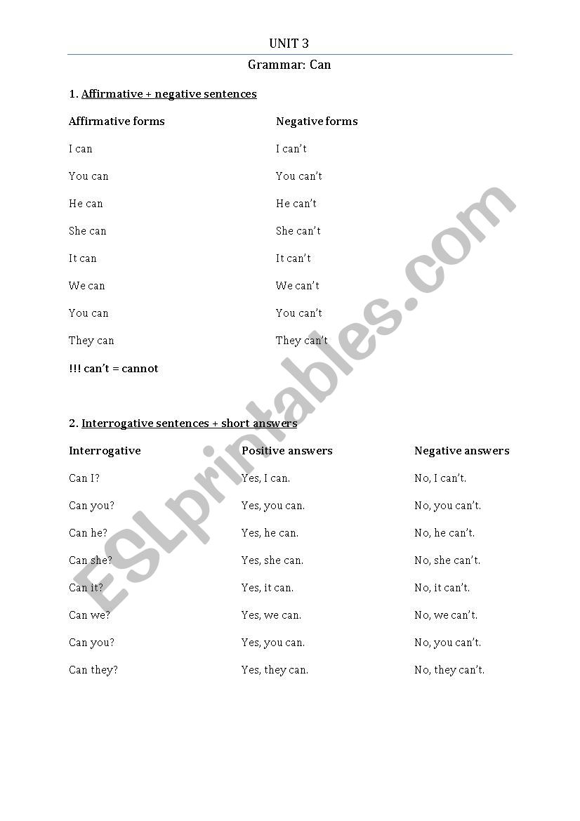 grammar can / cant worksheet