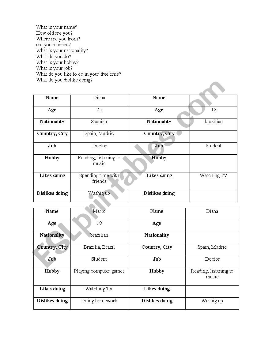 Find the information worksheet