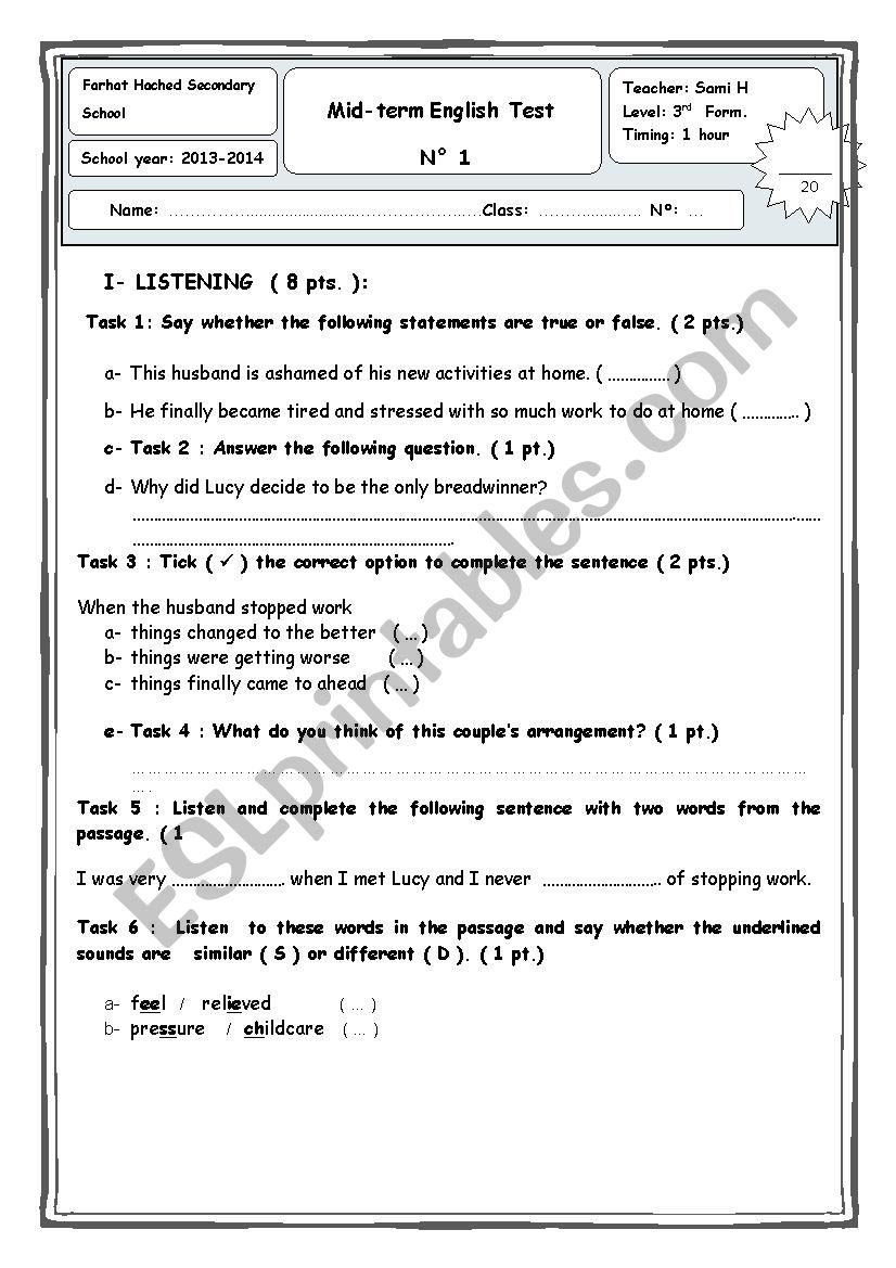 Mid-term English Test  N 1  3rf form