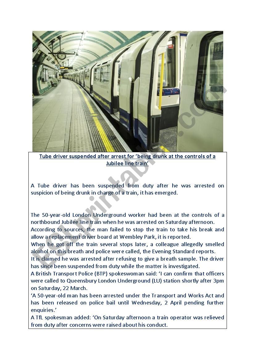 Tube Driver Arrested worksheet