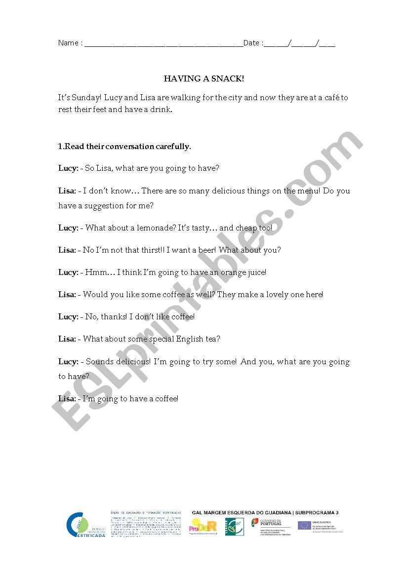 Having a snack worksheet