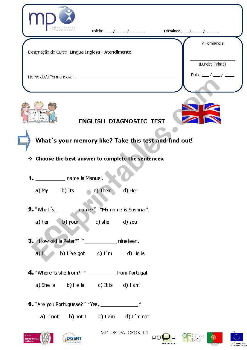 Diagnostic test worksheet