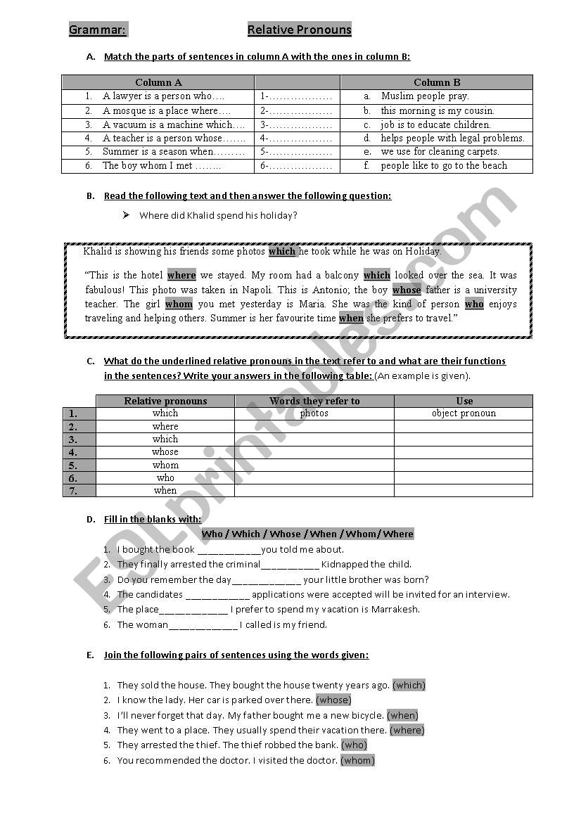 Relative pronouns worksheet- lesson and exercises