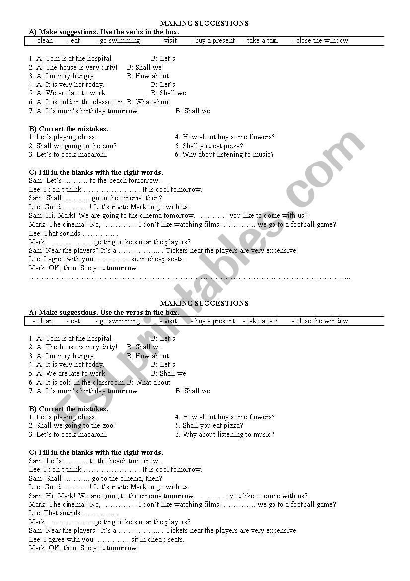 Suggestions worksheet