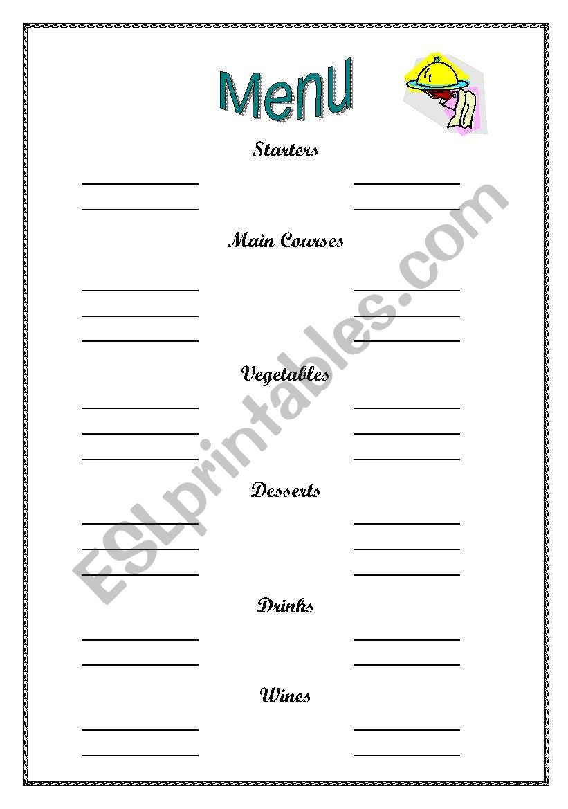 Writing a menu (see page 2) worksheet