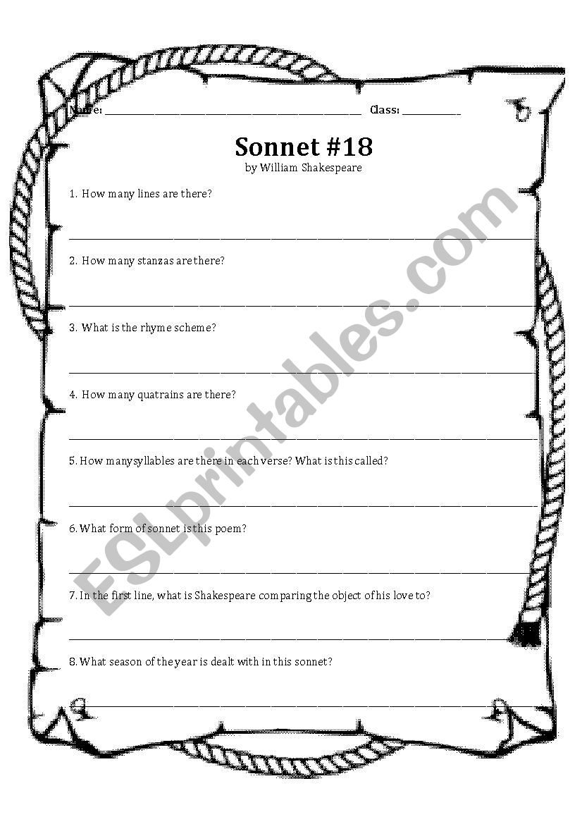 William Shakespeare - Sonnet 18 Worksheet