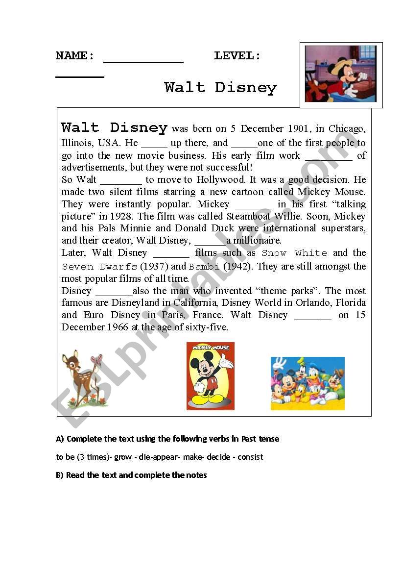 walt disney biography worksheet