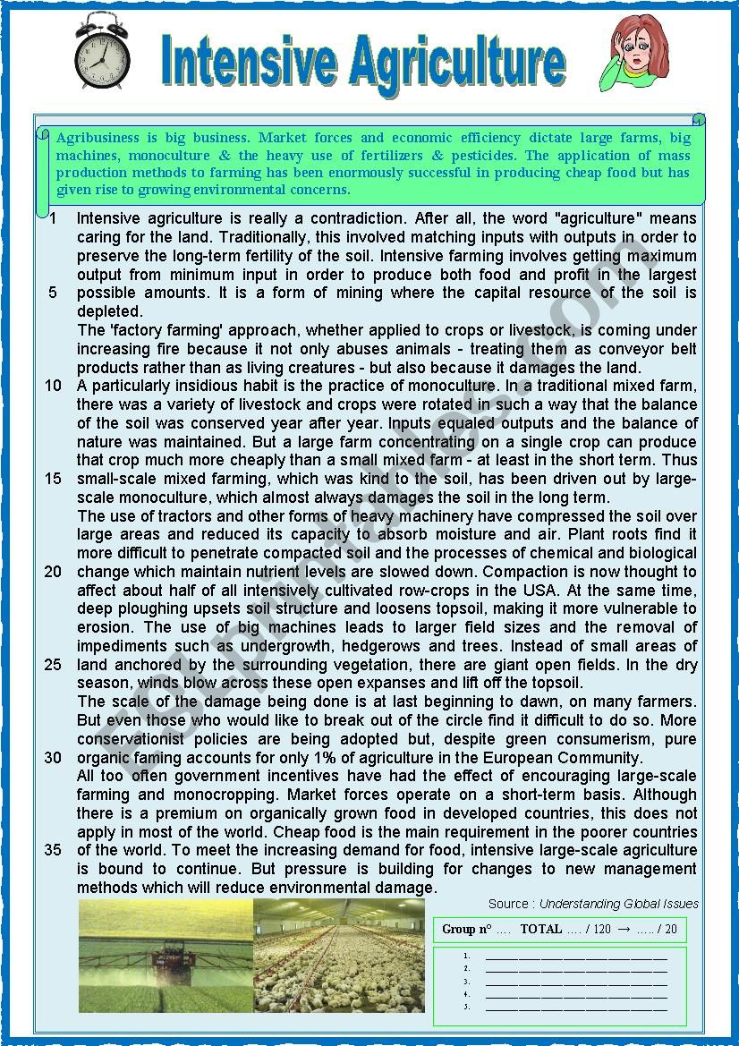 Intensive Agriculture (READING) + varied comprehension ex + KEY  