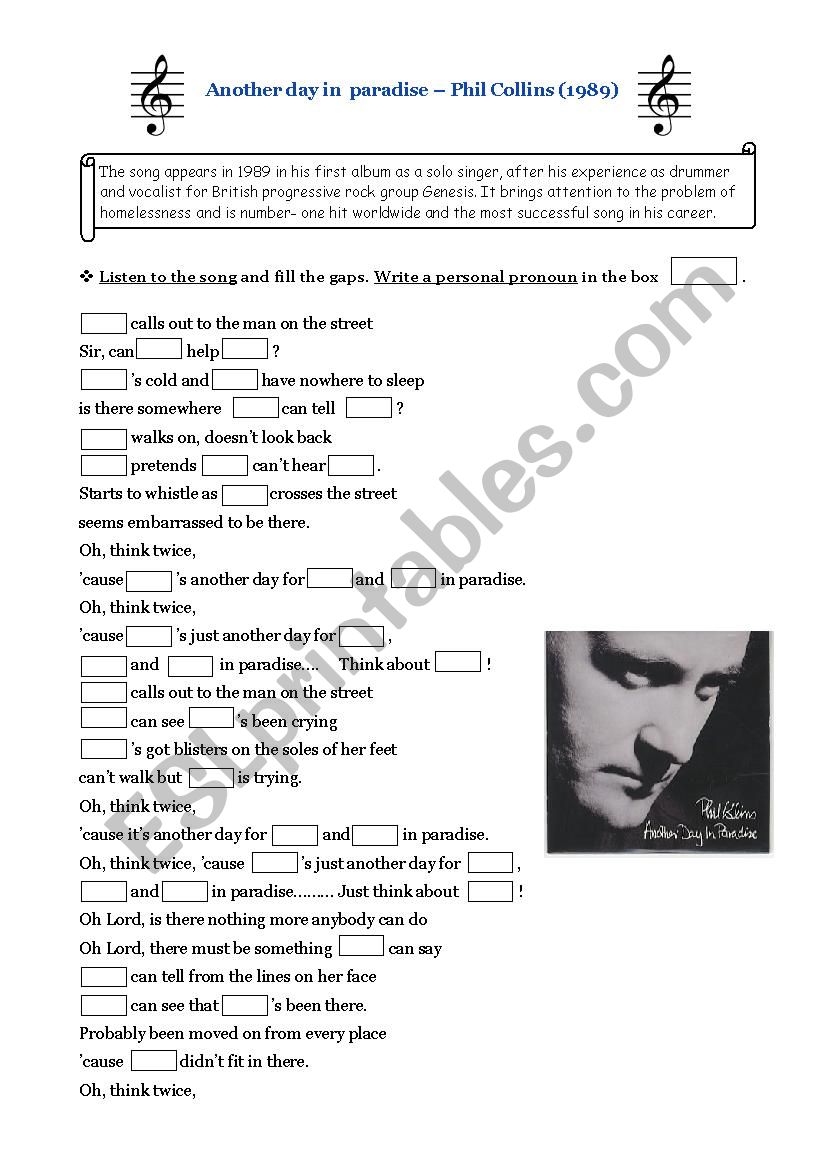 Another Day In Paradise lyrics - ESL worksheet by Adva