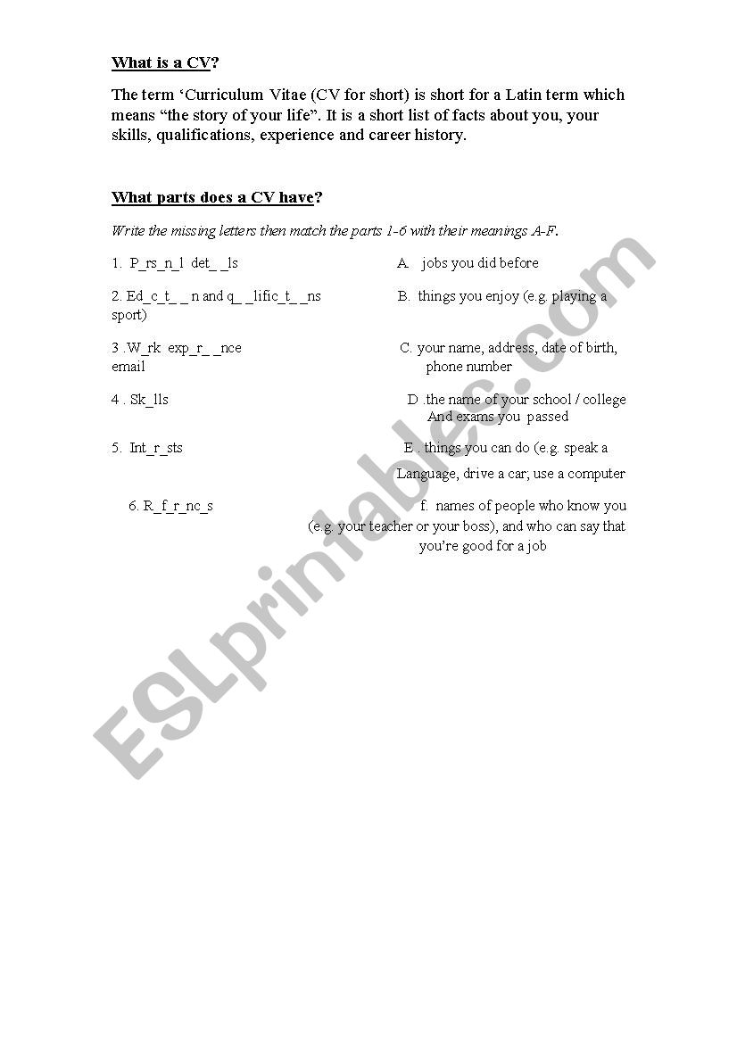 Parts of a CV worksheet