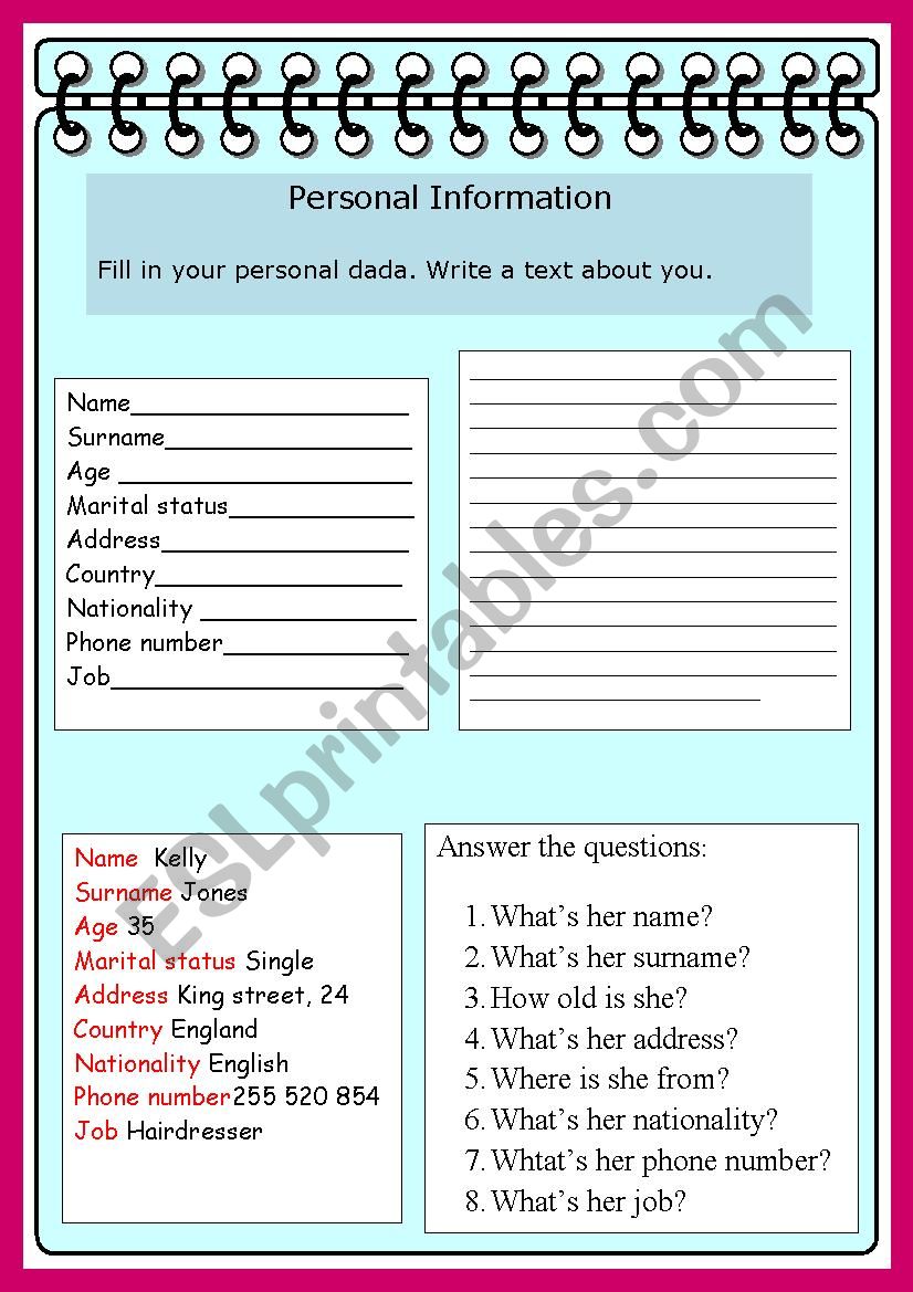personal Information worksheet
