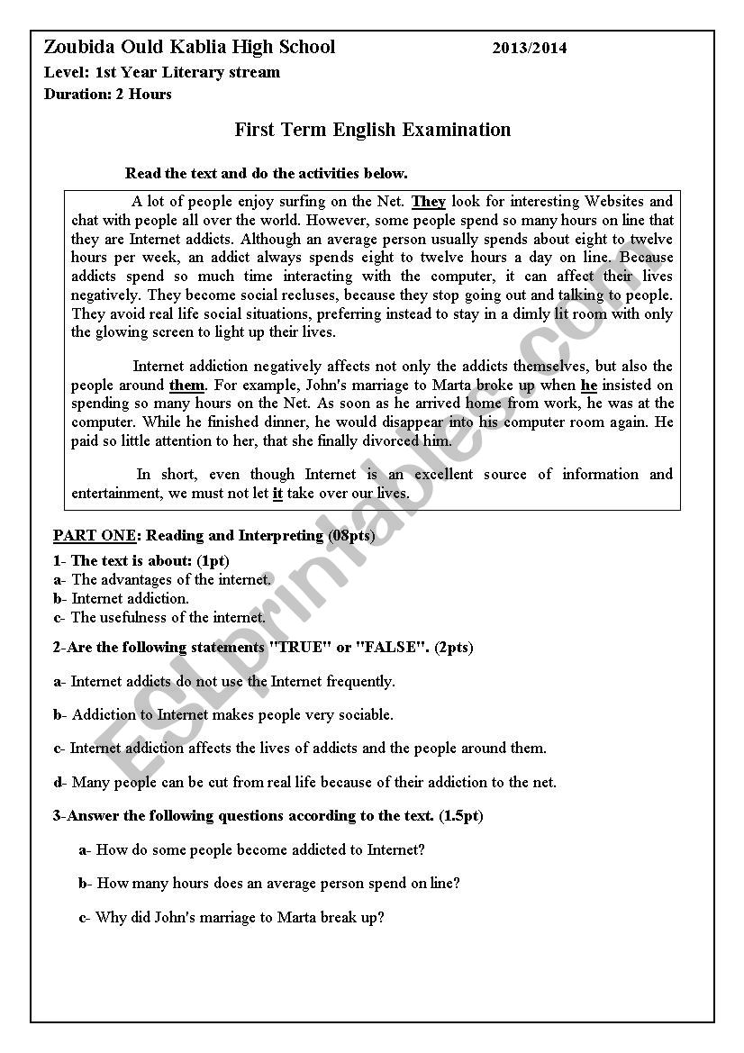 1st year 1term exam worksheet