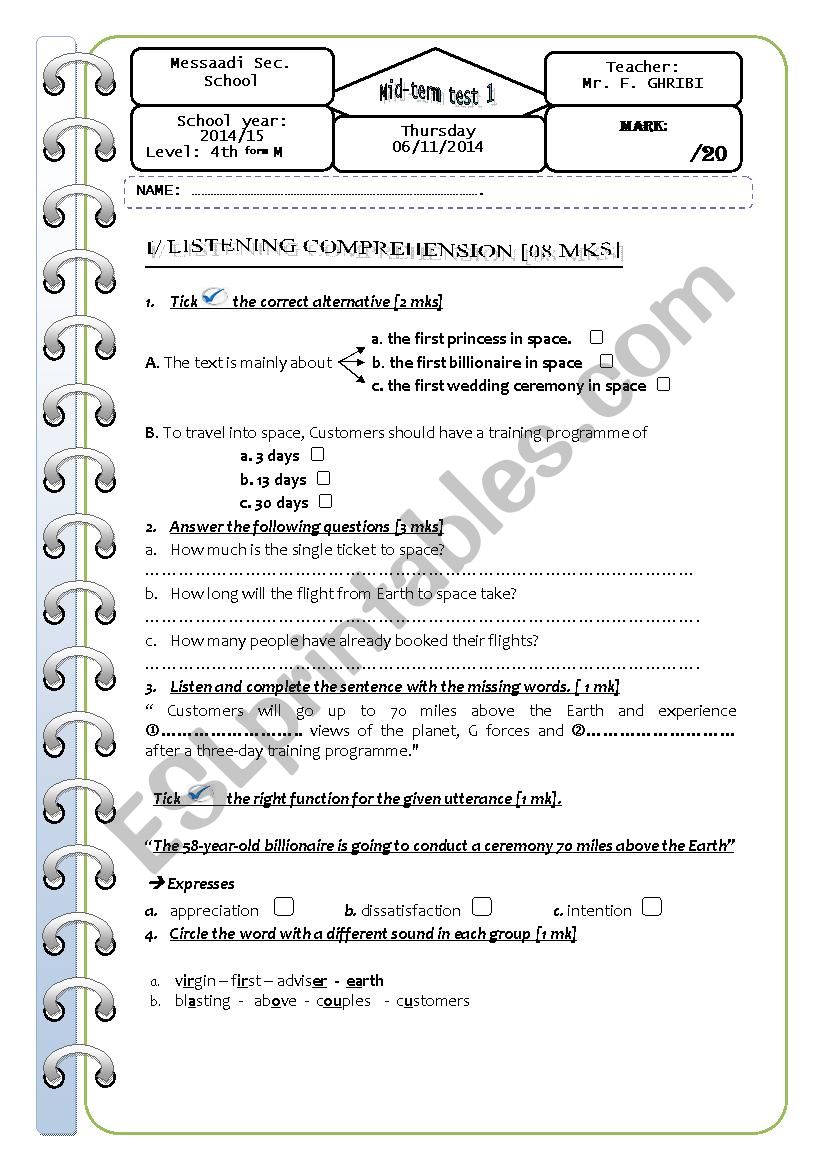 Mid-term test 1   for 4th form maths