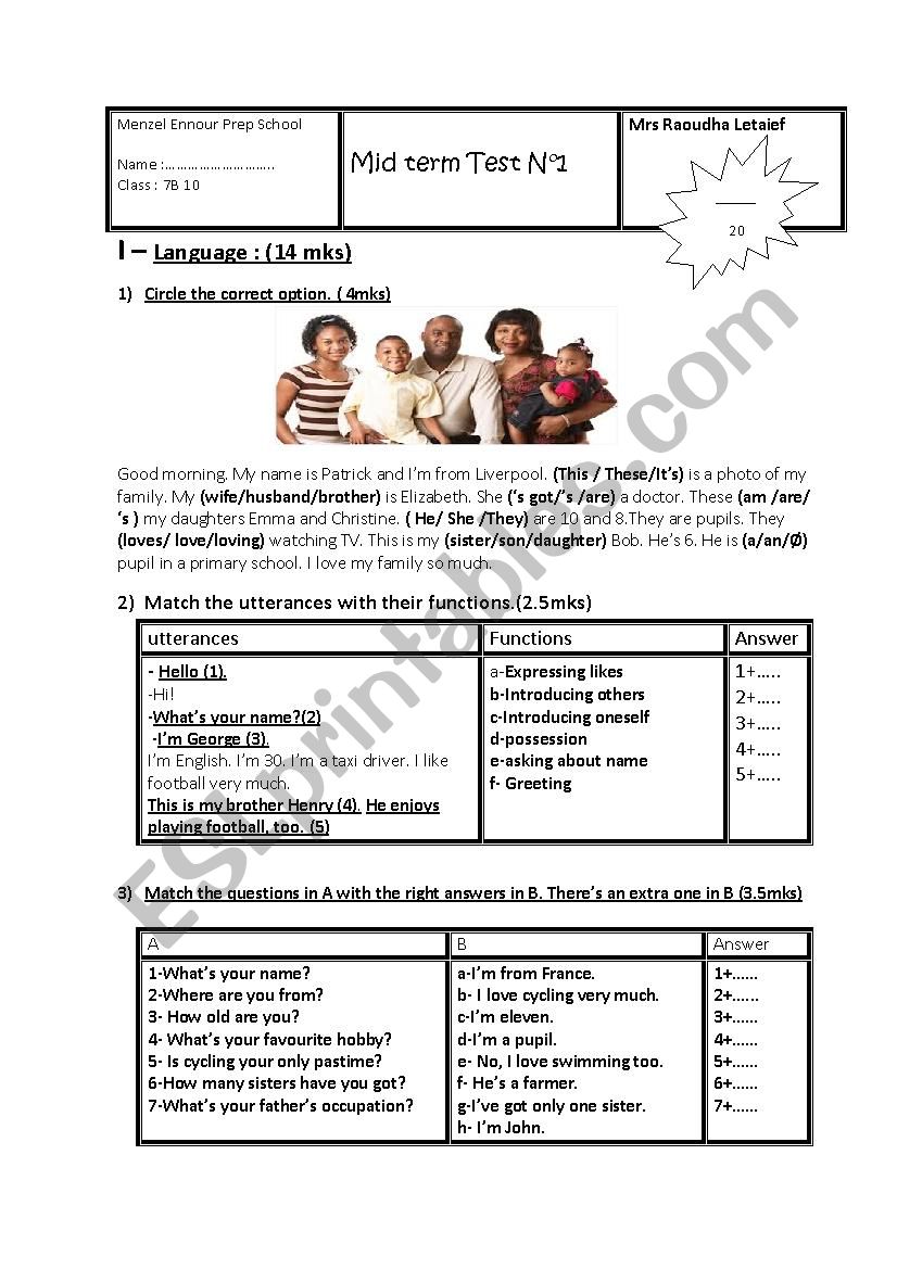 MID TERM TEST N1 FOR 7th form