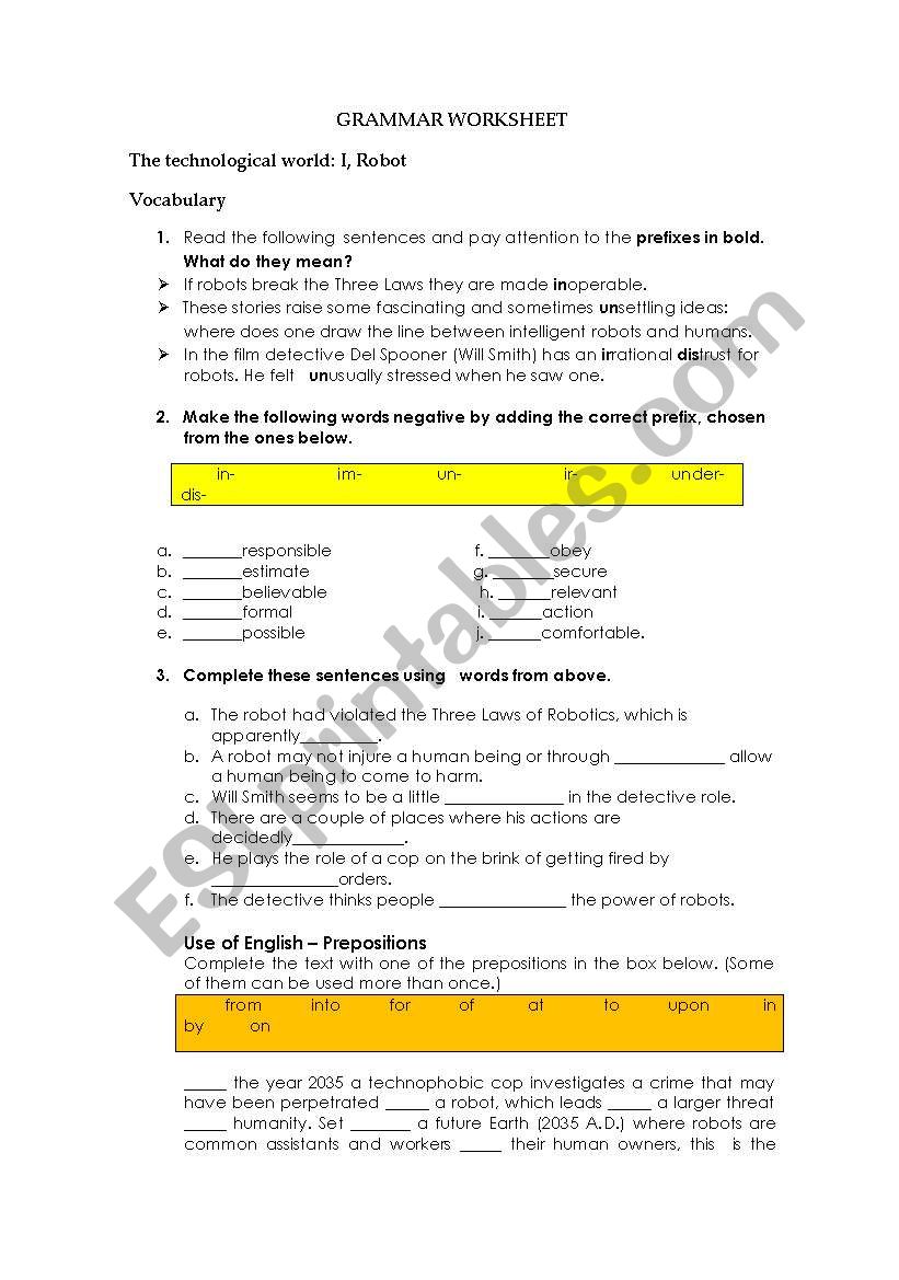 I, robot Grammar Worksheet worksheet