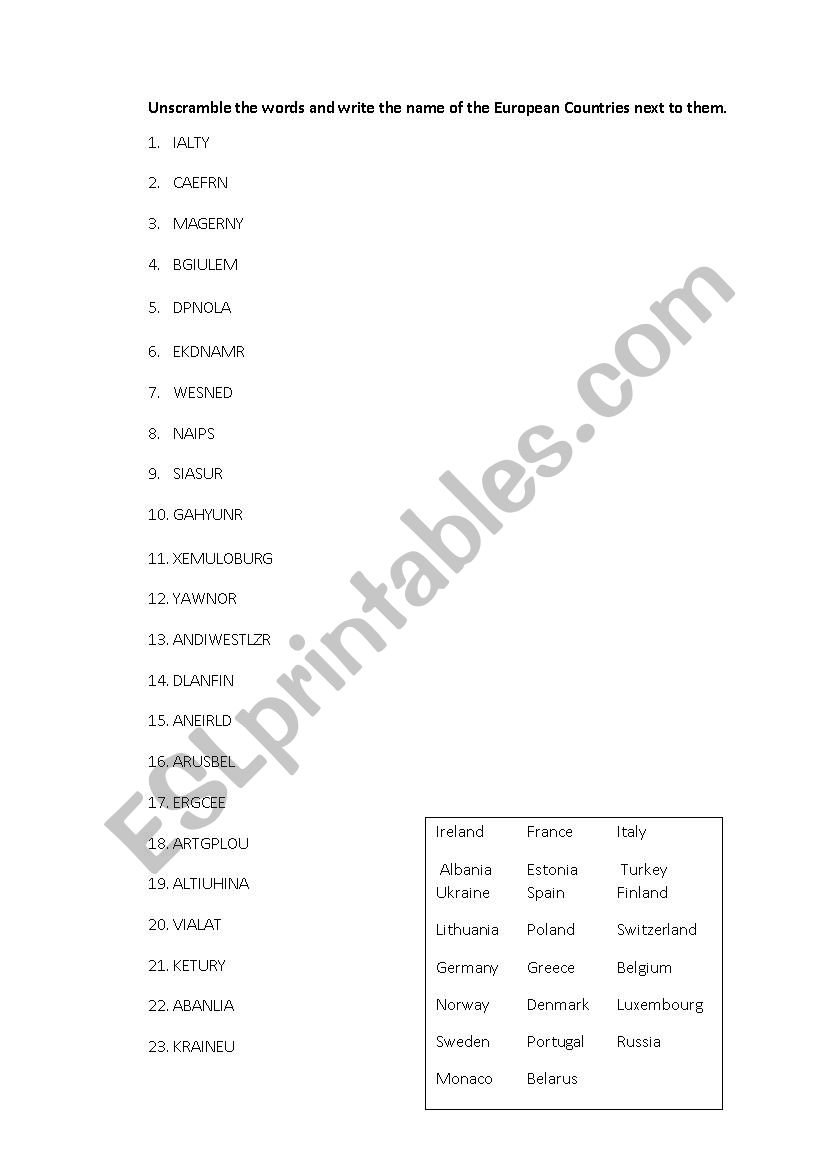 European Countries Quiz worksheet