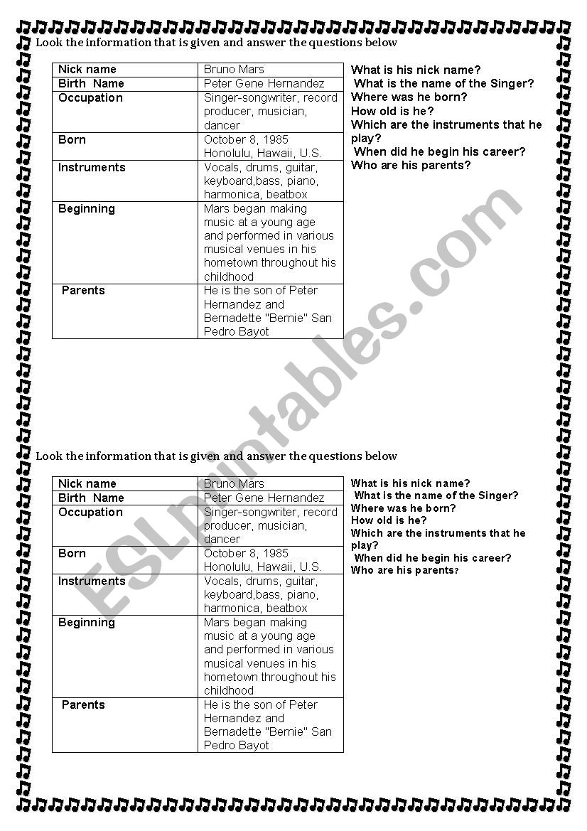 Bruno Mars information worksheet