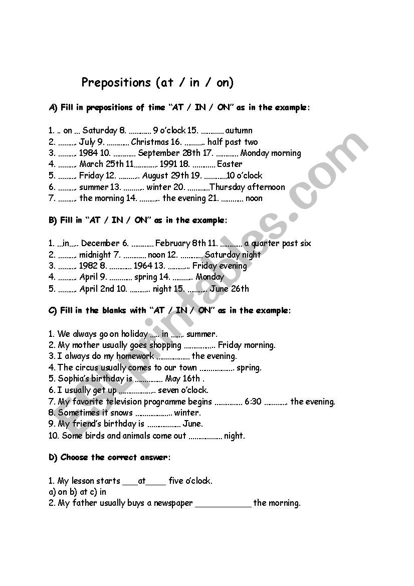 prepositions in,on,at worksheet