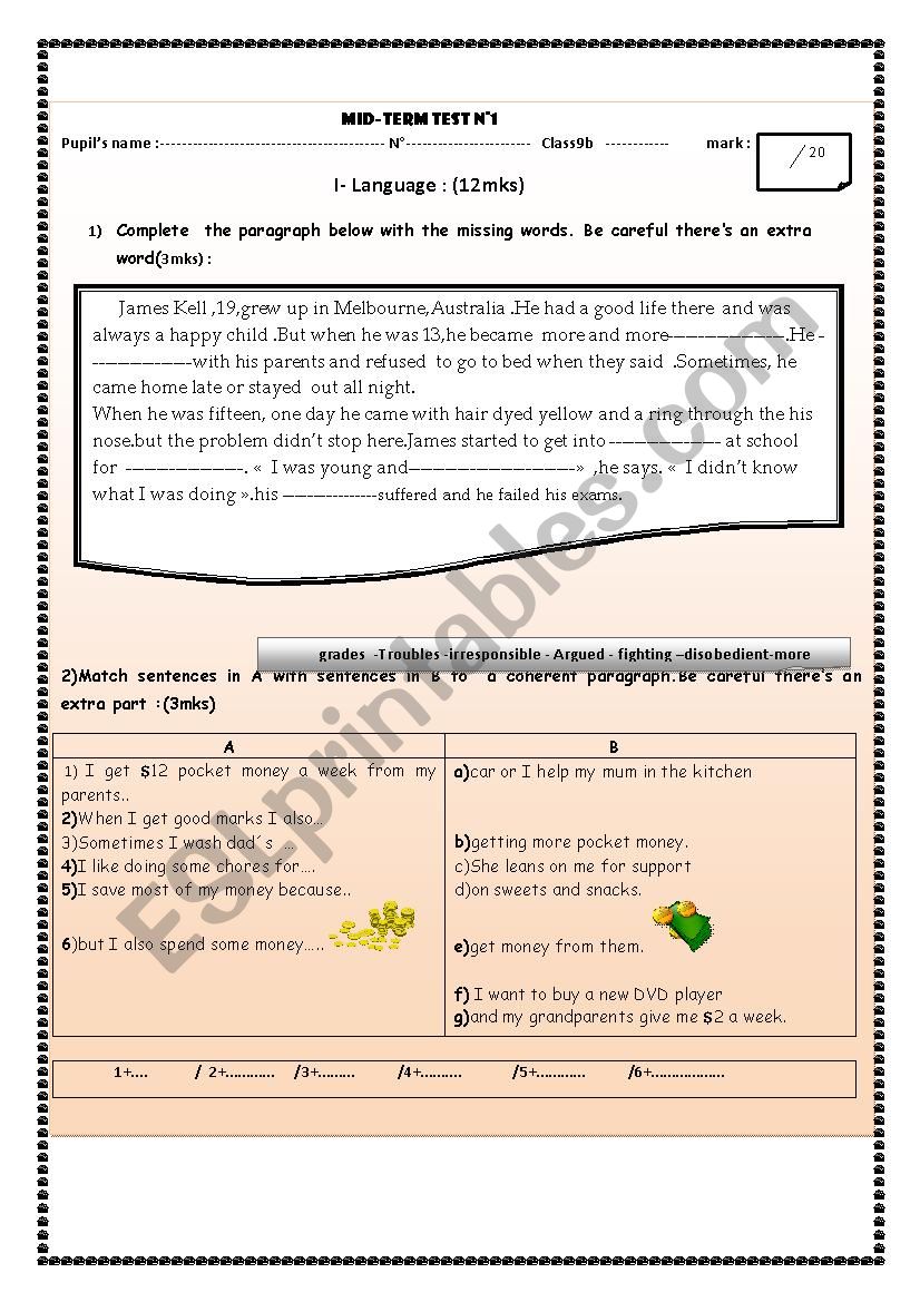 test for 9th form puls worksheet