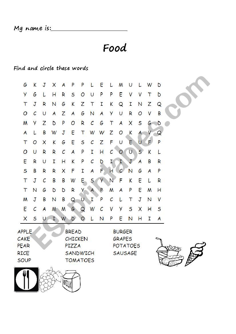 food wordsearch worksheet