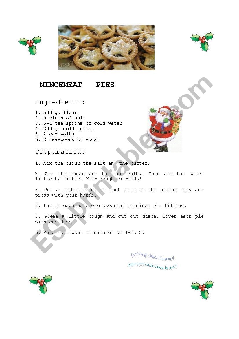 Mince meat pies recipe worksheet