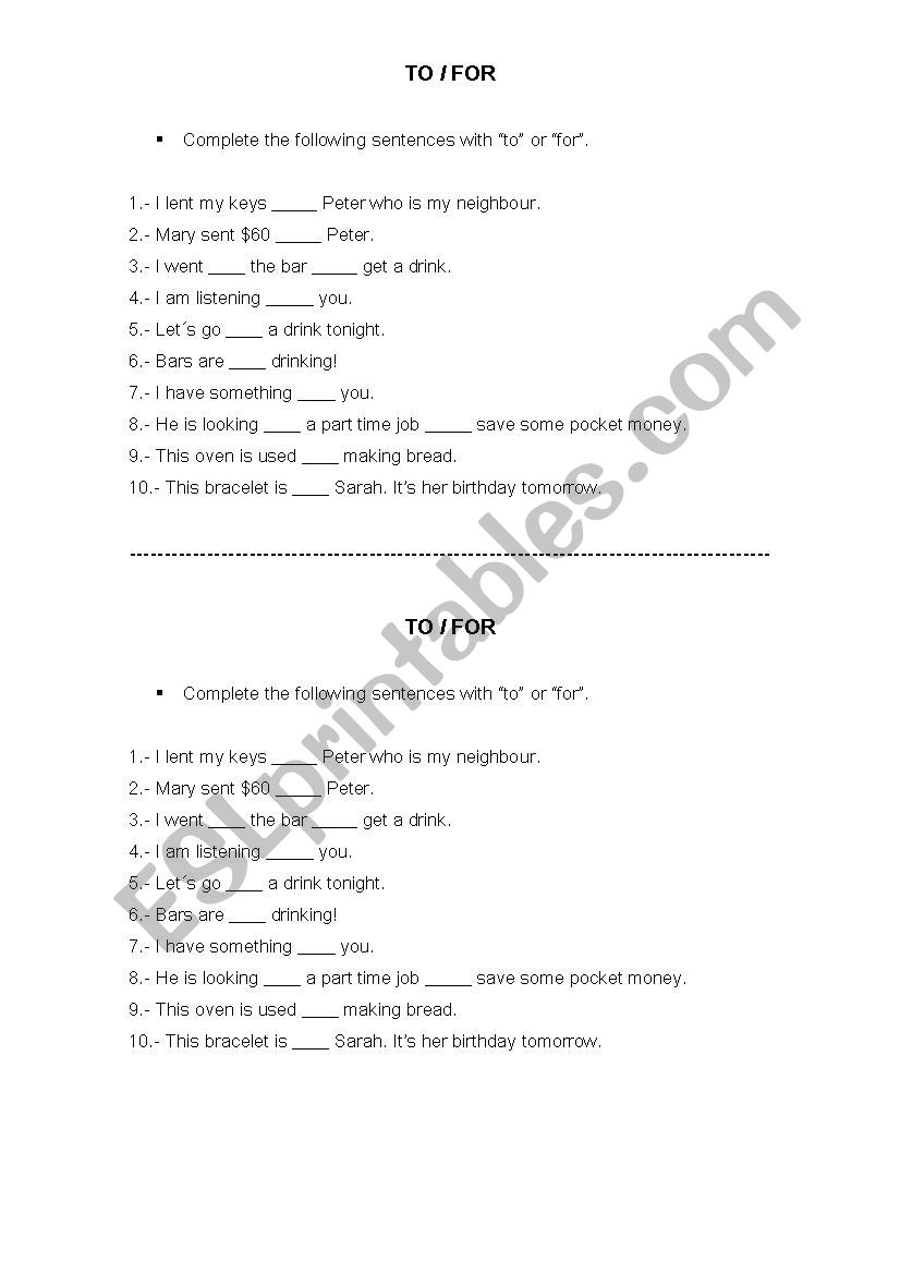 TO or FOR? worksheet