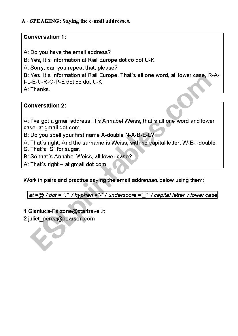Spelling e-mail addresses worksheet