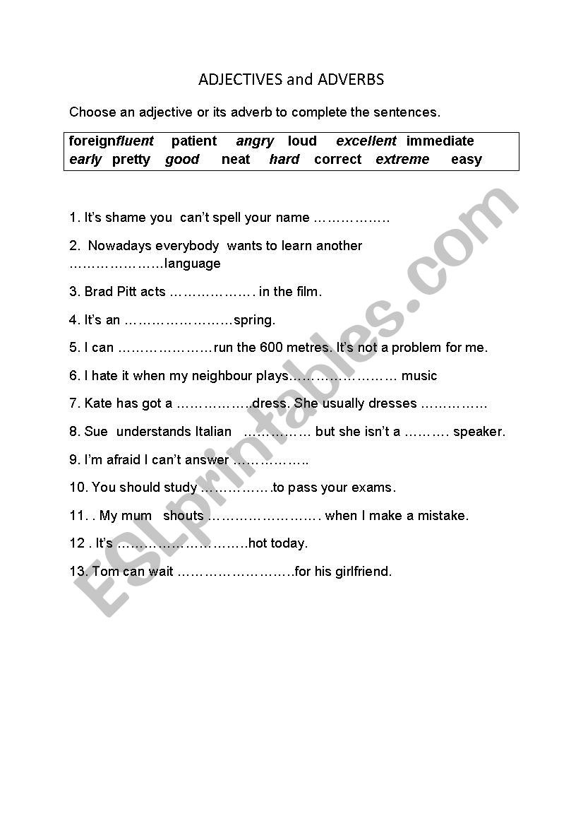ADJECTIVES and ADVERBS worksheet