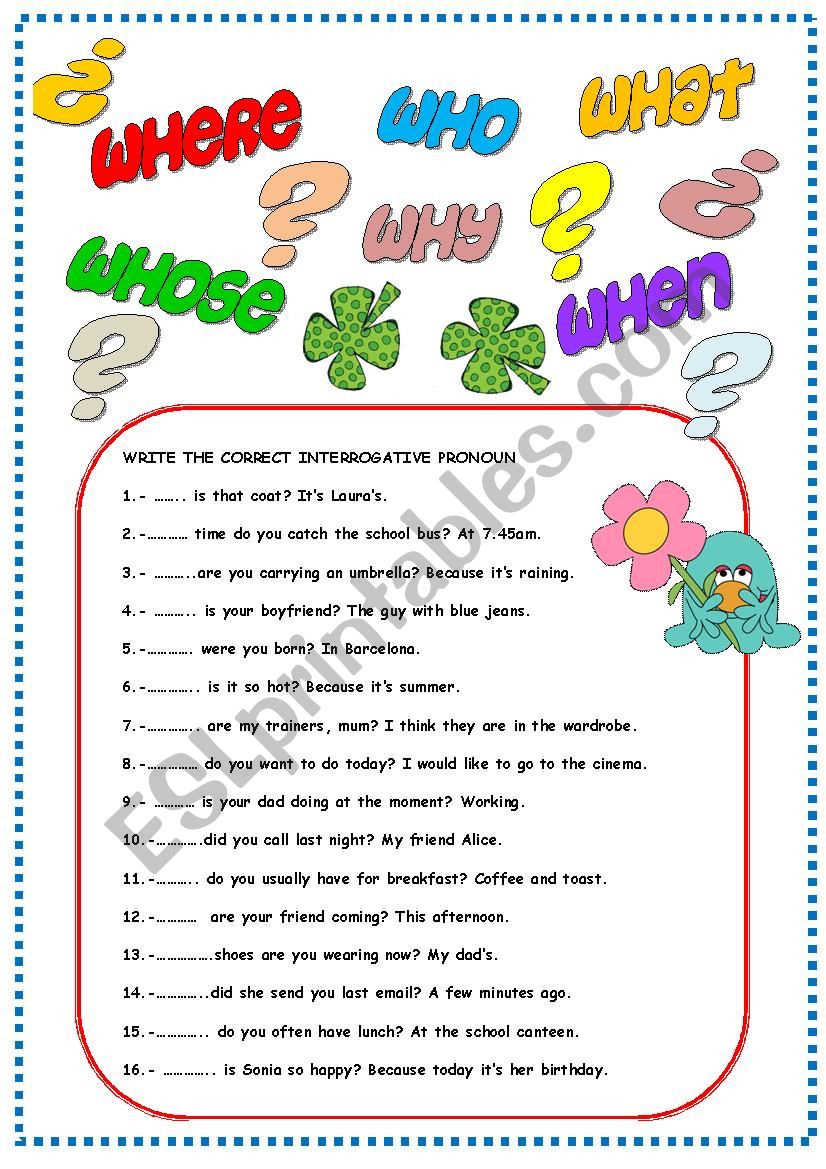 Interrogative Pronouns Worksheets With Answer Key