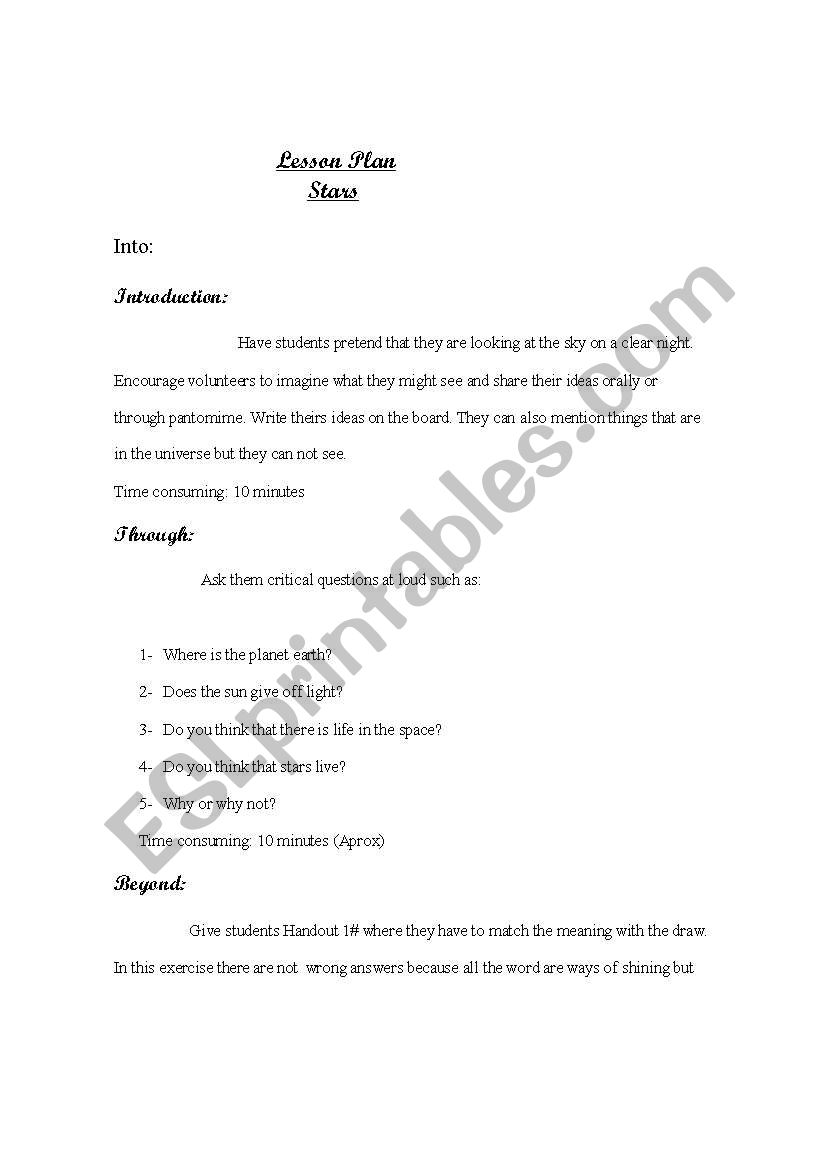 Lesson plan stars worksheet