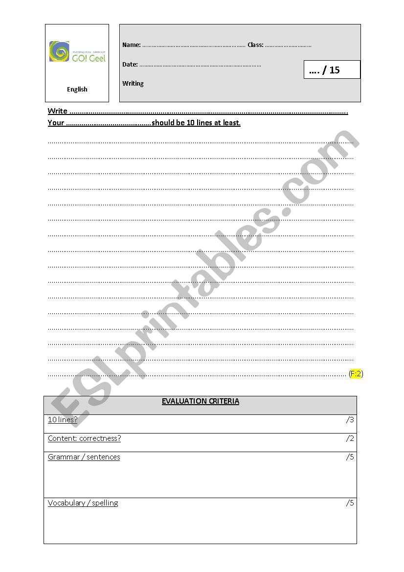 Evaluation form for writing worksheet