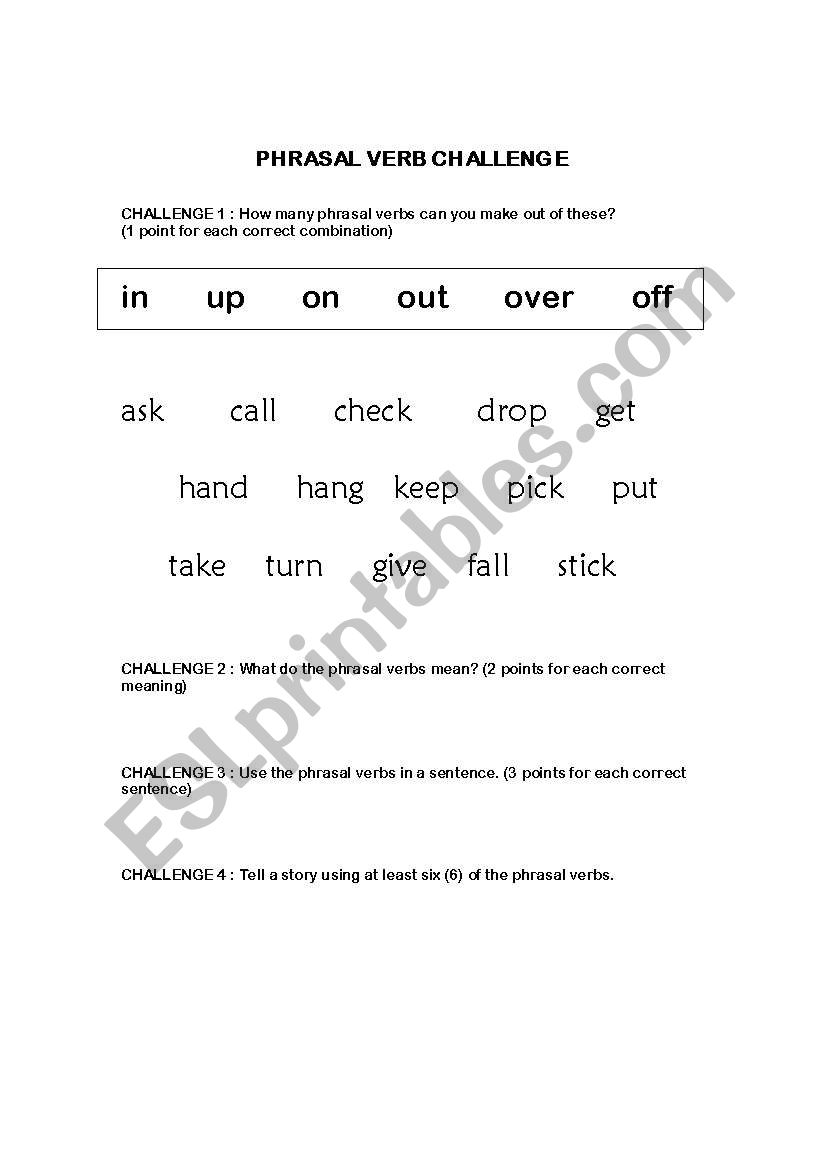 Phrasal Verb challenge worksheet