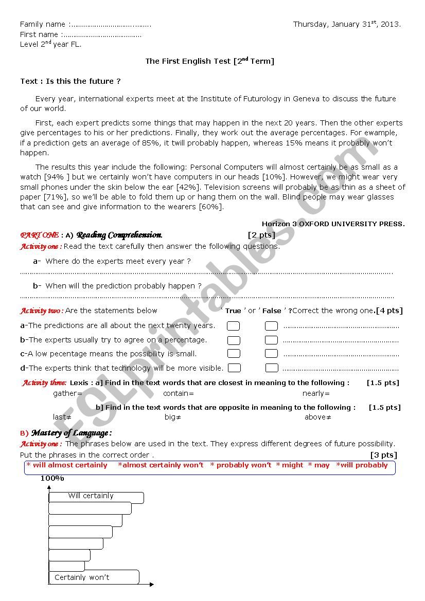 test for intermediate pupils worksheet