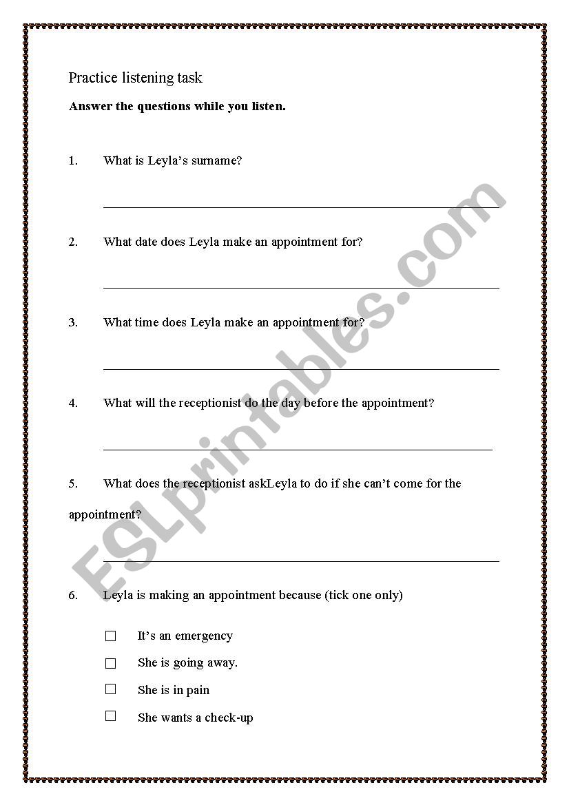 Dental Appointment worksheet