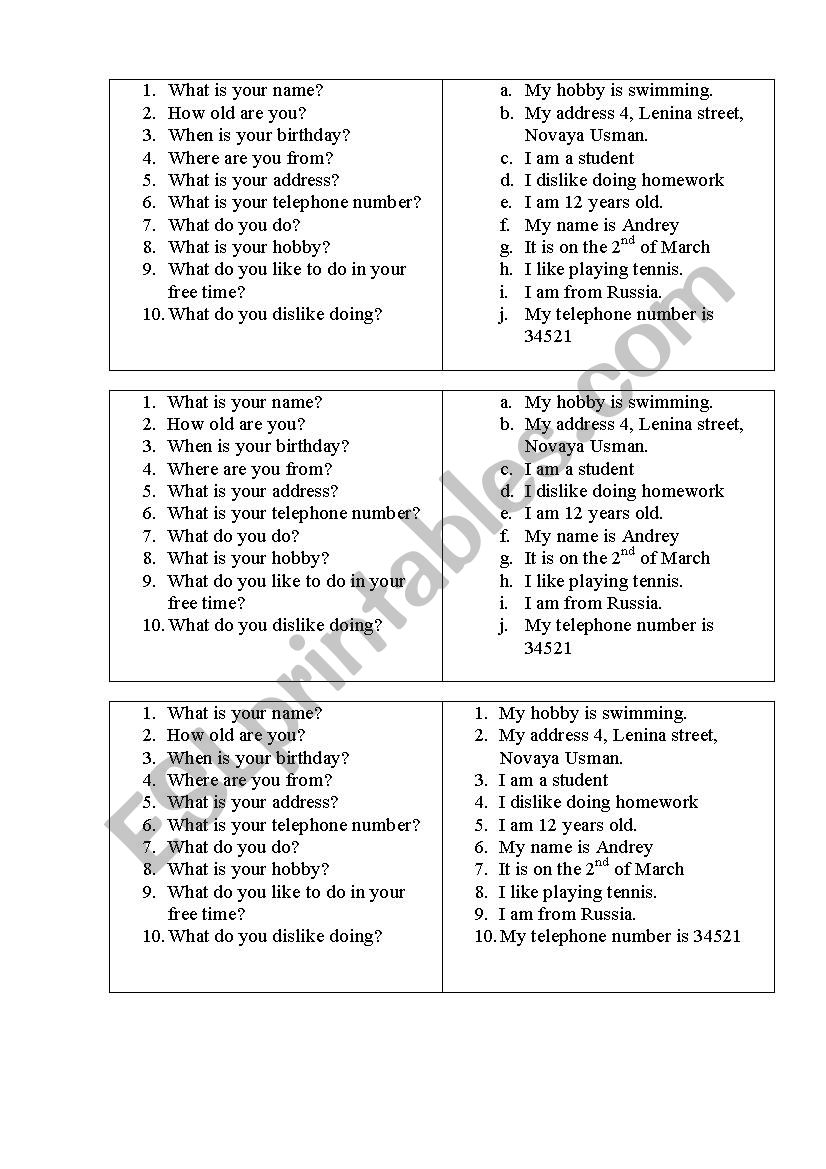 Match question to the answer worksheet