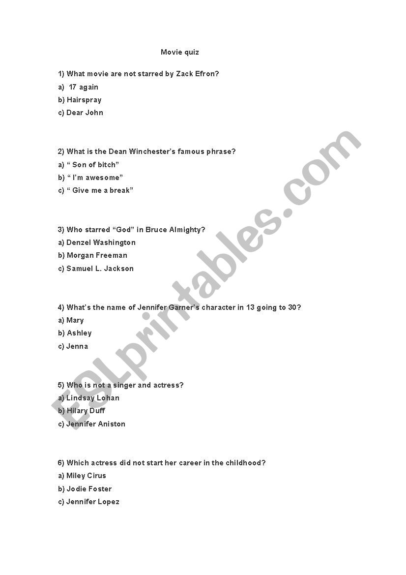 Movie quiz worksheet