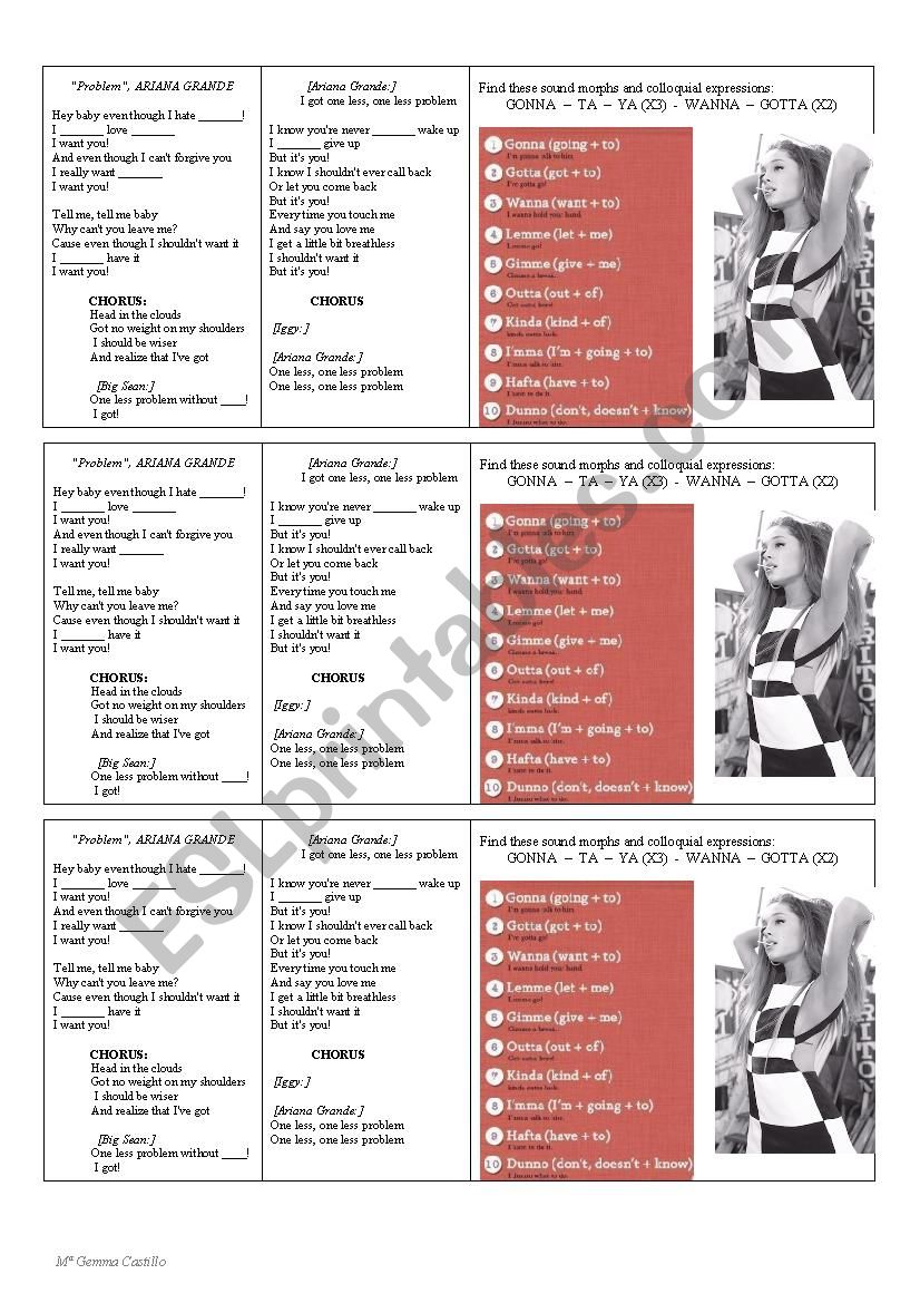 ARIANA GRANDE; SONG: PROBLEM worksheet