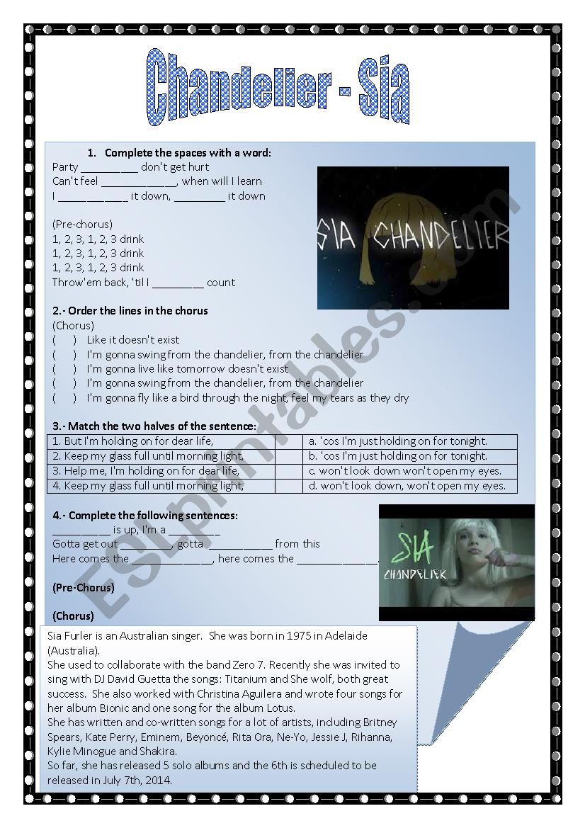 Chandelier - Sia worksheet