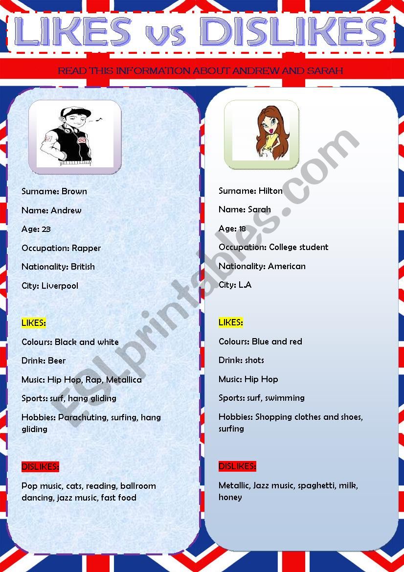 LIKES vs DISLIKES worksheet