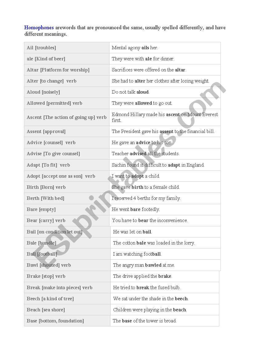 HOMOPHONES worksheet