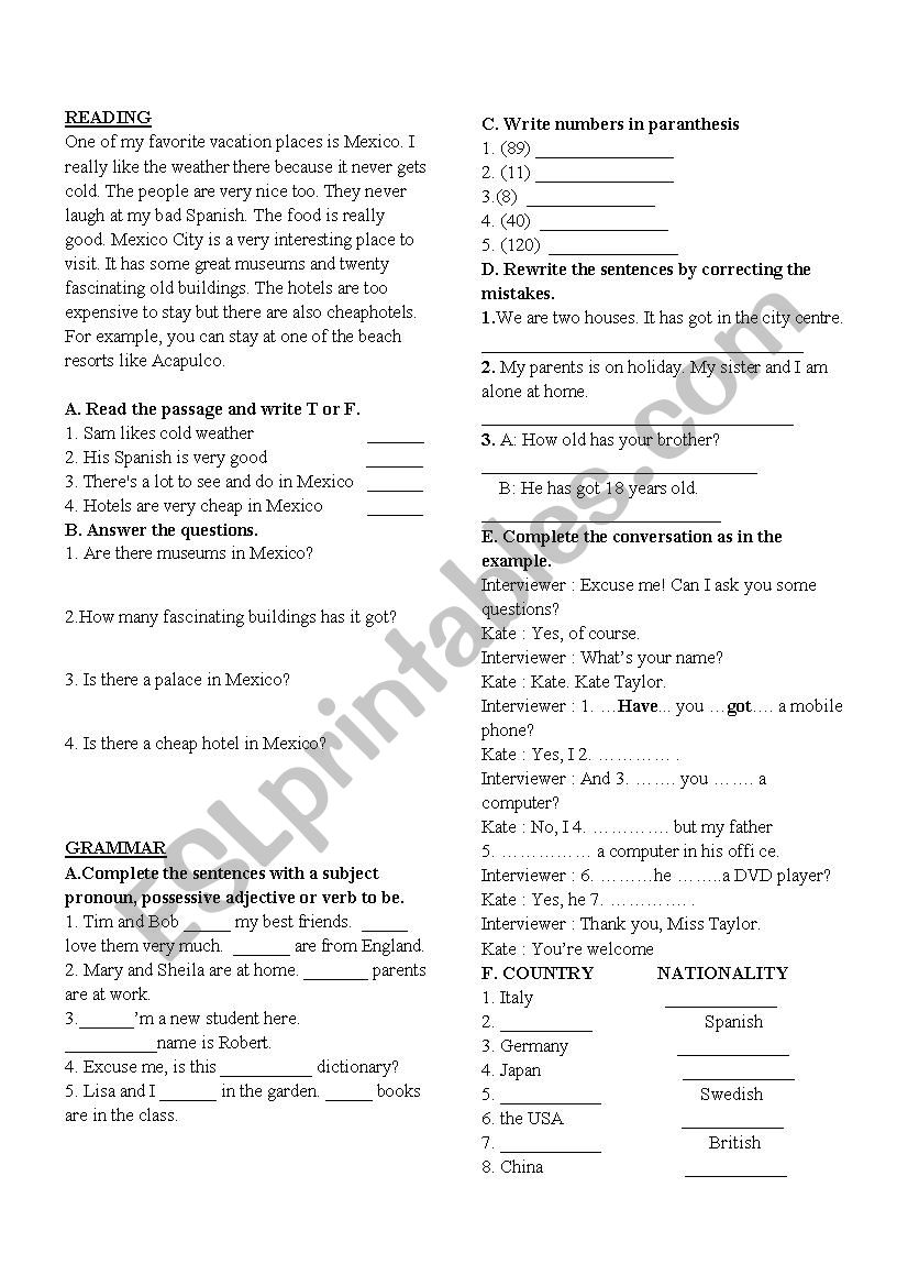 I. Term I. Exam Questions for A1.2