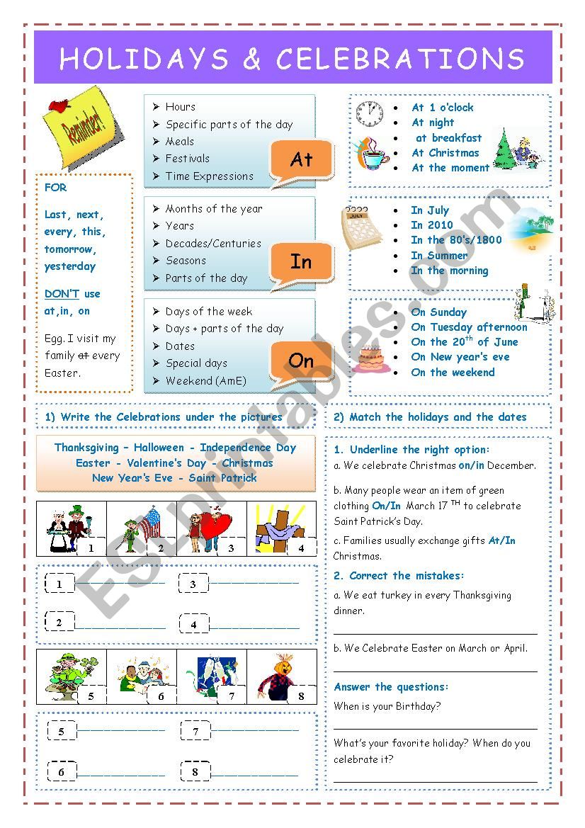 Holidays and Celebrations- Prepositions of time Holidays and Celebrations- Prepositions of time