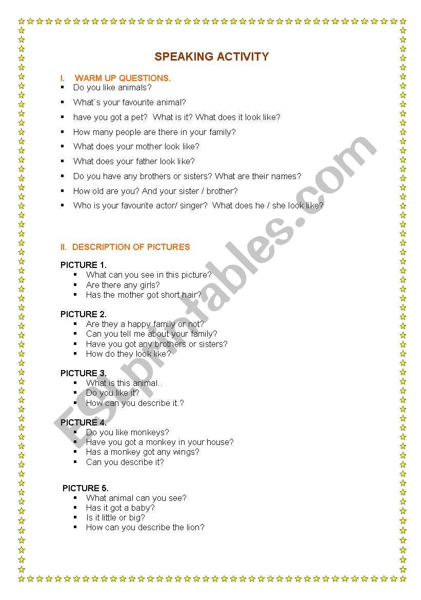 SPEAKING SET worksheet