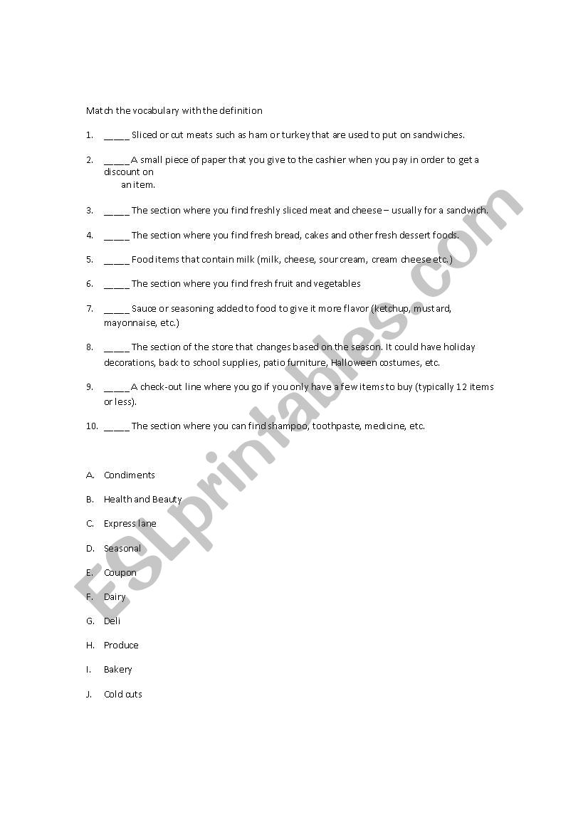 Grocery Shopping Vocab worksheet