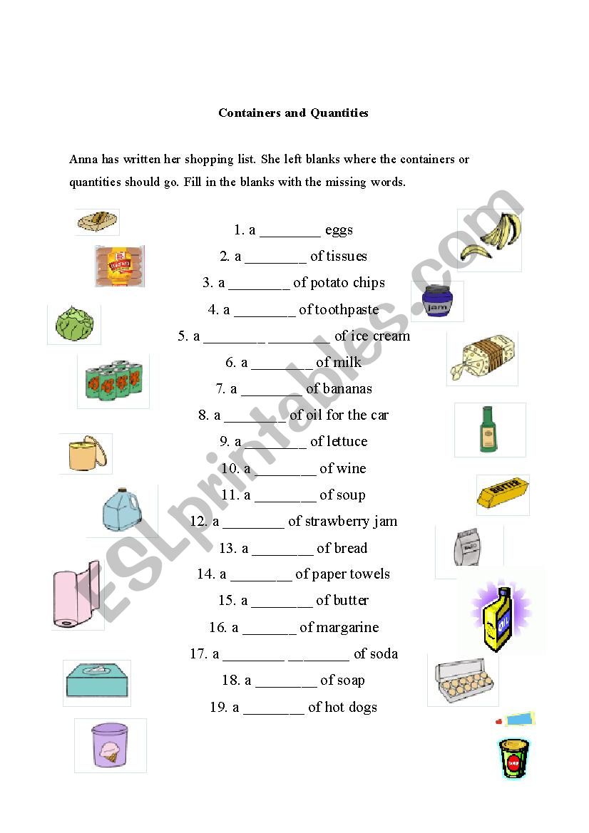 Containers and Quantities worksheet