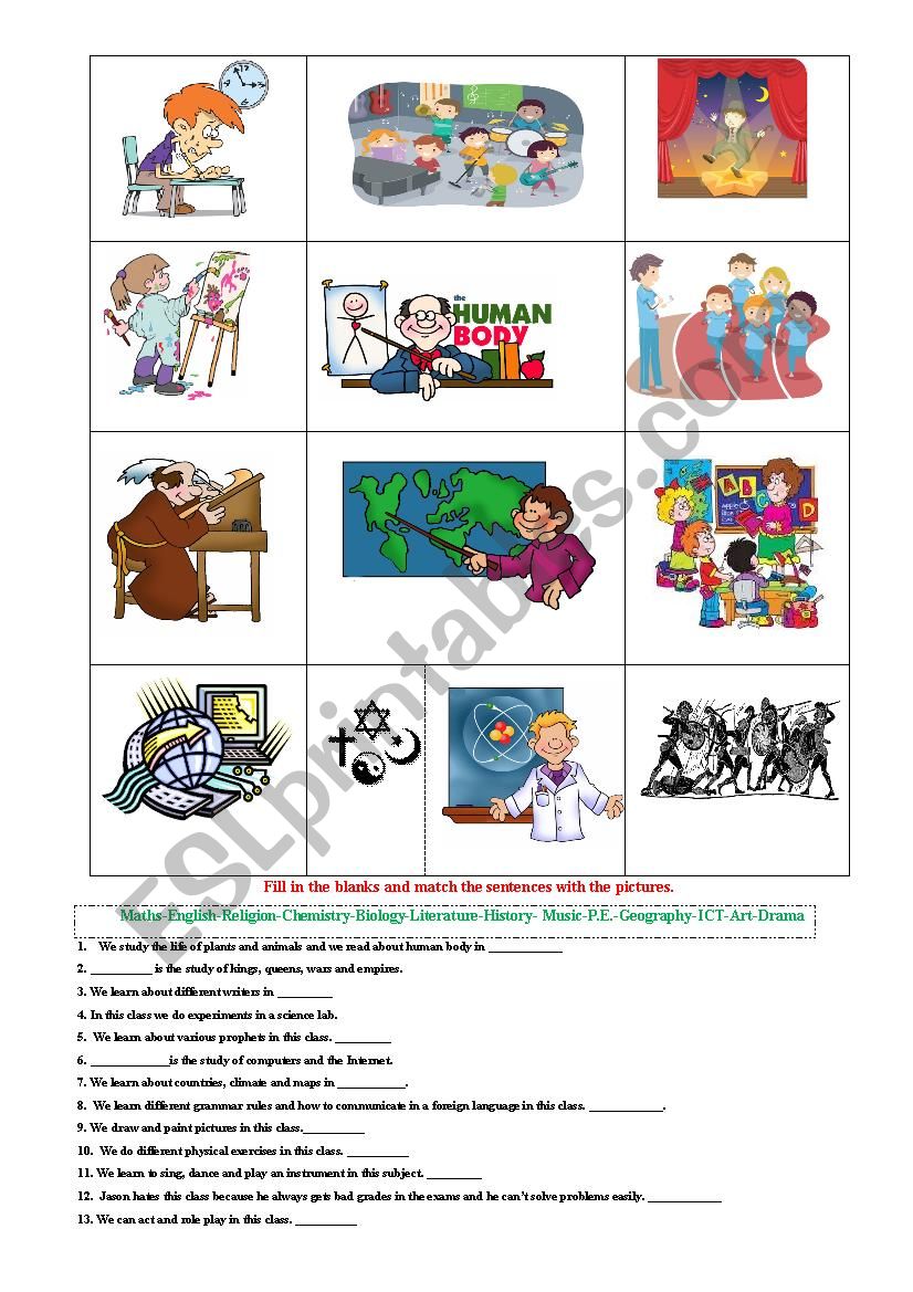 School Subjects (Matching) worksheet