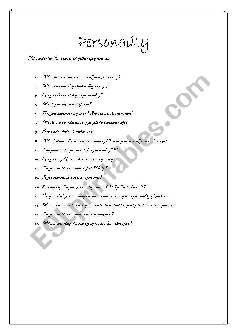 Personality and character 2 worksheet