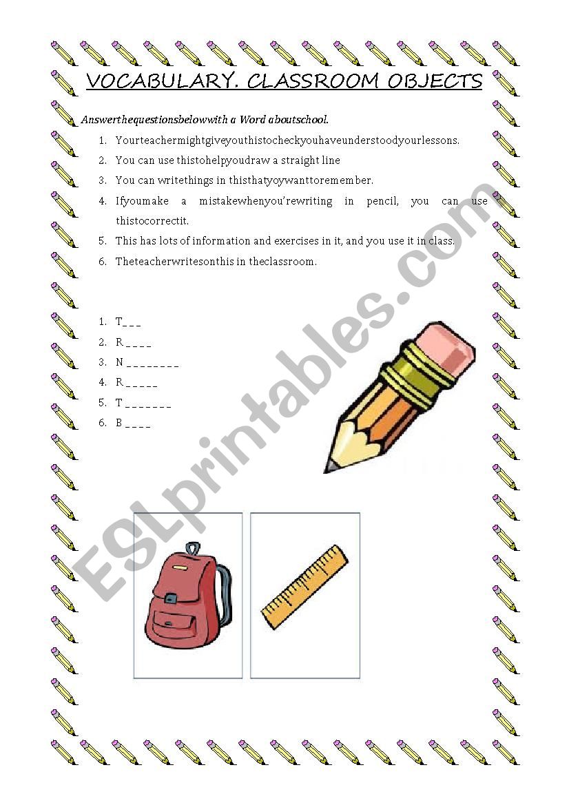 VOCABULARY. CLASSROOM OBJECTS worksheet