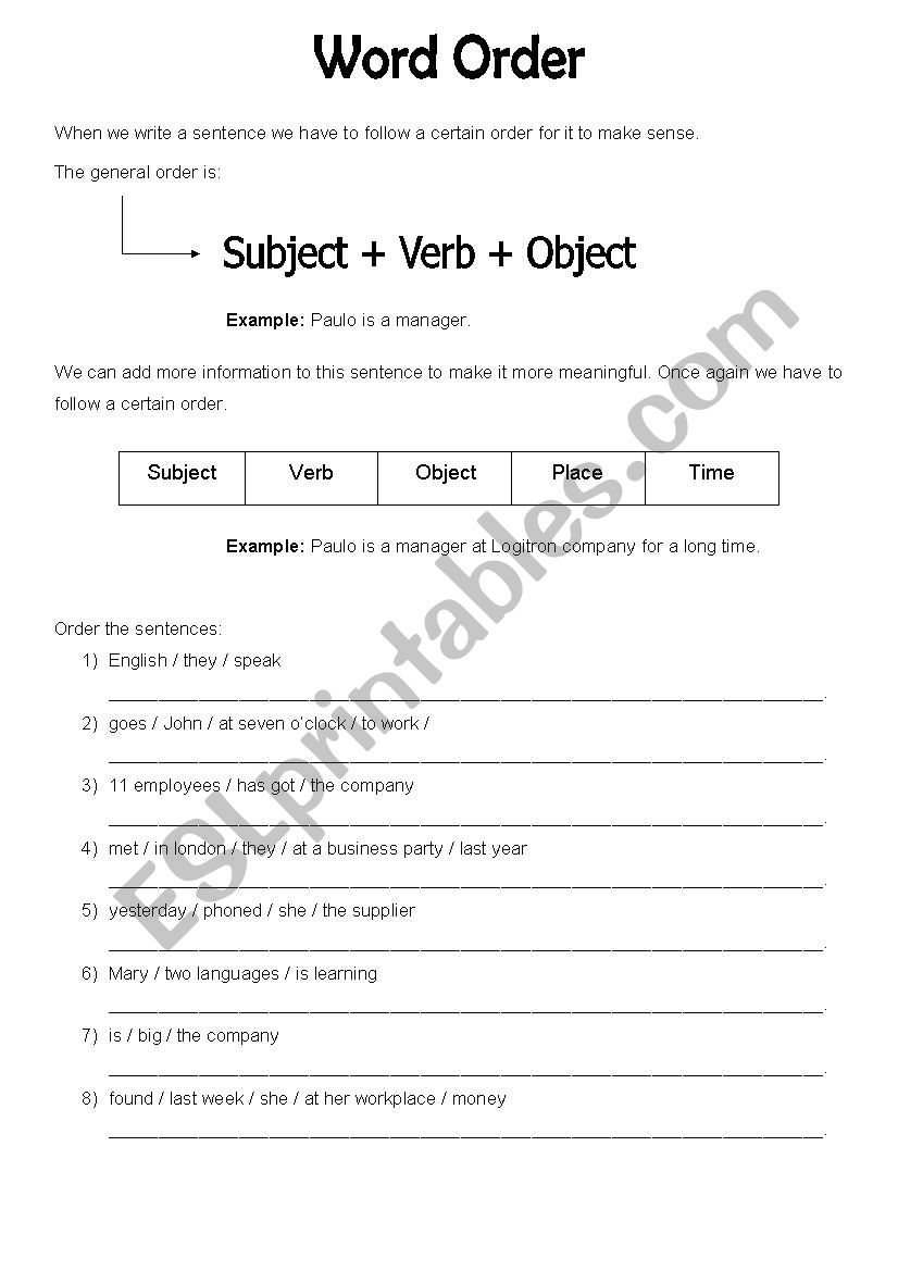 Word order worksheet